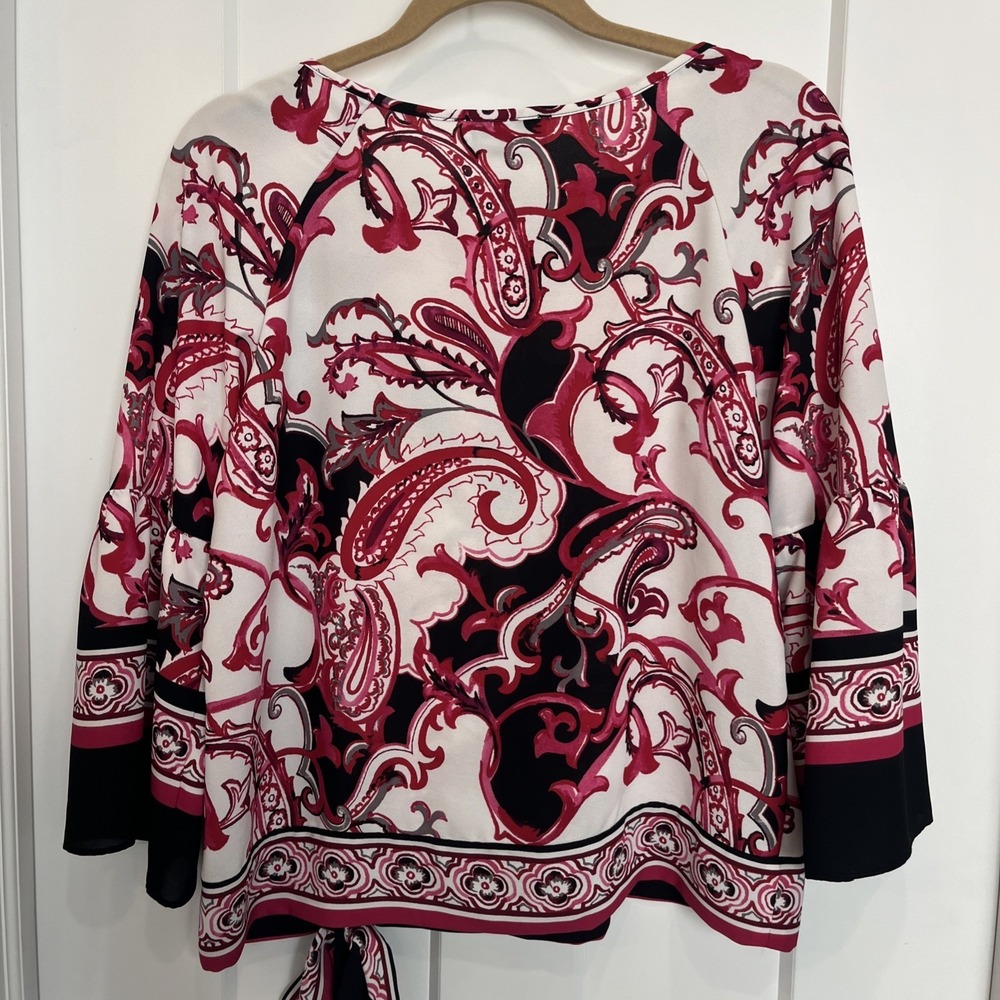 Joseph Ribkoff Vanilla Multi Paisley Pink Tie Side Blouse 3/4 Sleeve Size 4 - Picture 6 of 6